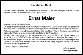 Traueranzeige von Ernst Maier von Dolomiten