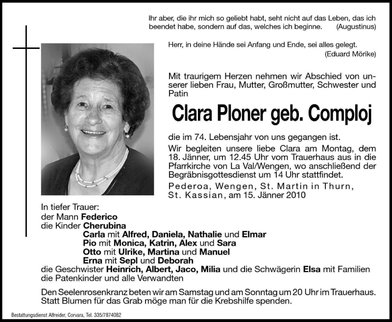  Traueranzeige für Clara Ploner vom 16.01.2010 aus Dolomiten