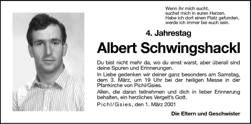  Traueranzeige für Albert Schwingshackl vom 01.03.2001 aus Dolomiten