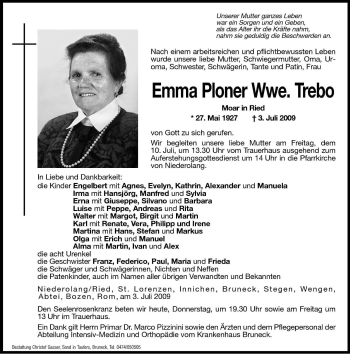 Traueranzeige von Emma Trebo von Dolomiten