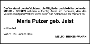 Traueranzeige von Maria Putzer von Dolomiten