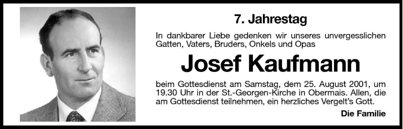  Traueranzeige für Josef Kaufmann vom 24.08.2001 aus Dolomiten