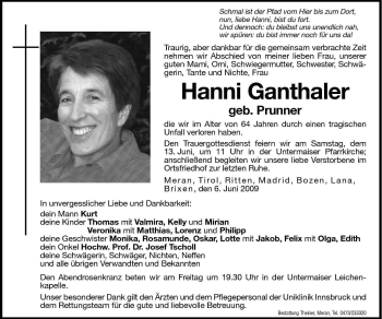 Traueranzeige von Hanni Ganthaler von Dolomiten