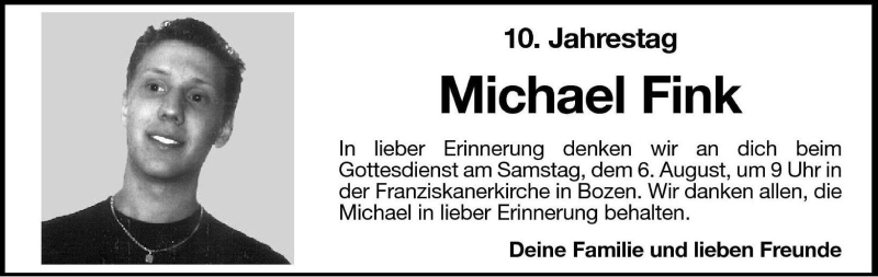  Traueranzeige für Michael Fink vom 05.08.2005 aus Dolomiten