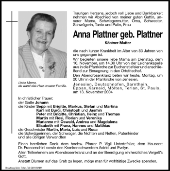 Traueranzeige von Anna Plattner von Dolomiten