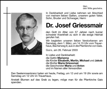 Traueranzeige von Josef Griessmair von Dolomiten