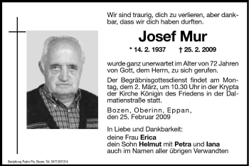 Traueranzeige von Josef Mur von Dolomiten
