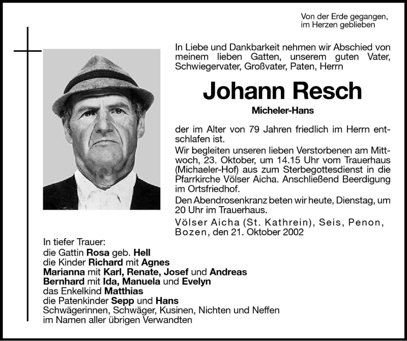  Traueranzeige für Johann Resch vom 22.10.2002 aus Dolomiten