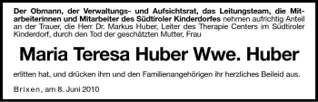 Traueranzeige von Maria Teresa Huber von Dolomiten