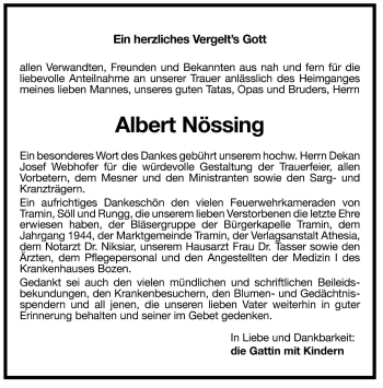 Traueranzeige von Albert Nössing von Dolomiten