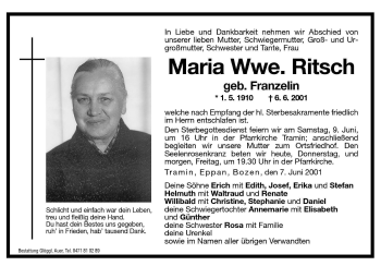 Traueranzeige von Maria Ritsch von Dolomiten