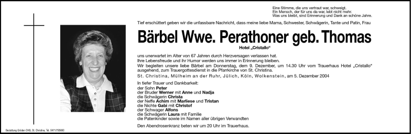  Traueranzeige für Bärbel Perathoner vom 07.12.2004 aus Dolomiten