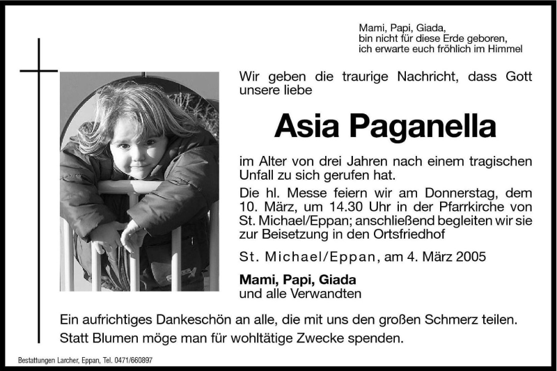  Traueranzeige für Asia Paganella vom 09.03.2005 aus Dolomiten