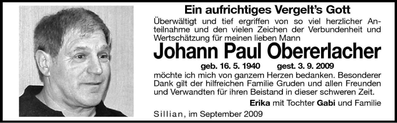  Traueranzeige für Johann Paul Obererlacher vom 16.09.2009 aus Dolomiten