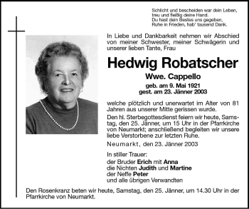 Traueranzeige von Hedwig Cappello von Dolomiten