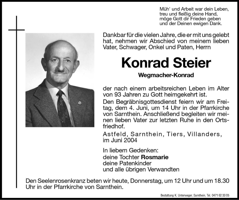  Traueranzeige für Konrad Steier vom 03.06.2004 aus Dolomiten