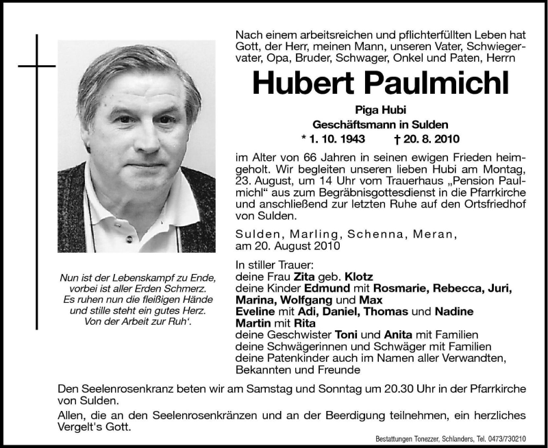  Traueranzeige für Hubert Paulmichl vom 21.08.2010 aus Dolomiten