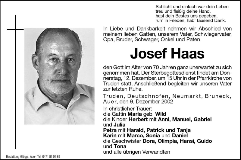  Traueranzeige für Josef Haas vom 11.12.2002 aus Dolomiten