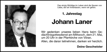 Traueranzeige von Johann Laner von Dolomiten