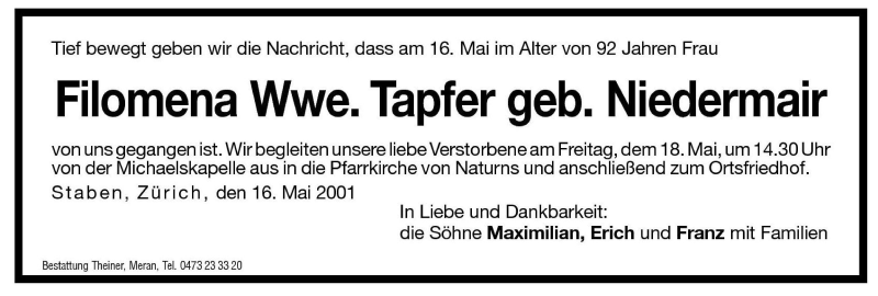  Traueranzeige für Filomena Tapfer vom 17.05.2001 aus Dolomiten