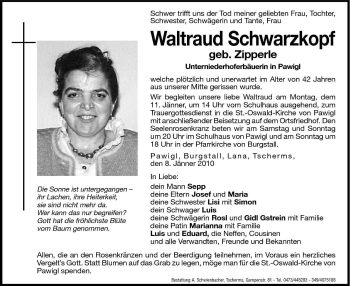 Traueranzeige von Waltraud Schwarzkopf von Dolomiten