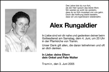 Traueranzeige von Alex Rungaldier von Dolomiten