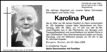 Traueranzeige von Karolina Punt von Dolomiten