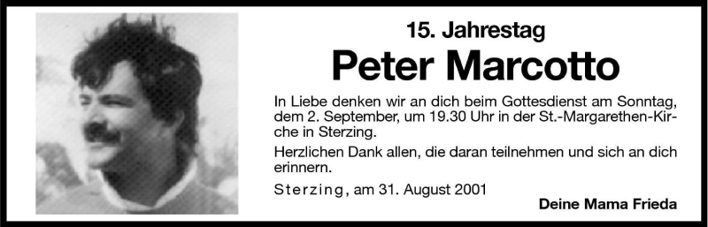  Traueranzeige für Peter Marcotto vom 31.08.2001 aus Dolomiten