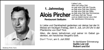 Traueranzeige von Alois Pircher von Dolomiten