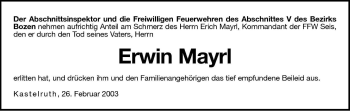 Traueranzeige von Erwin Mayrl von Dolomiten