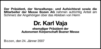 Traueranzeige von Karl Vaja von Dolomiten