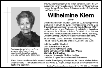 Traueranzeige von Wilhelmine Kiem von Dolomiten