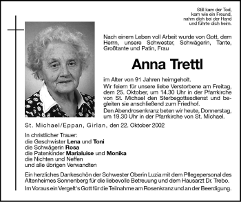 Traueranzeige von Anna Trettl von Dolomiten