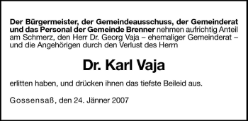 Traueranzeige von Karl Vaja von Dolomiten