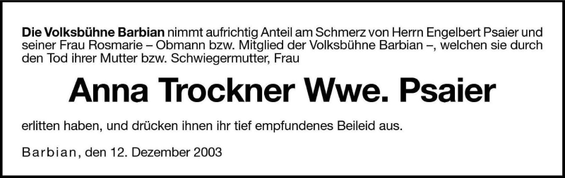  Traueranzeige für Anna Psaier vom 13.12.2003 aus Dolomiten