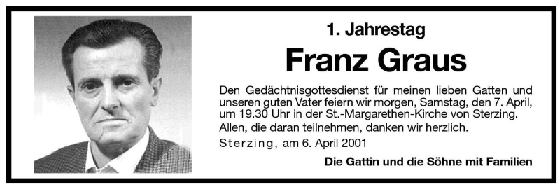  Traueranzeige für Franz Graus vom 06.04.2001 aus Dolomiten