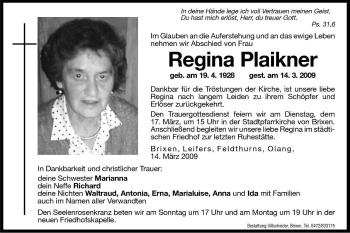 Traueranzeige von Regina Plaikner von Dolomiten