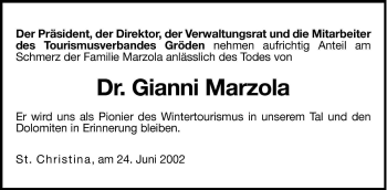 Traueranzeige von Gianni Marzola von Dolomiten