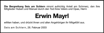 Traueranzeige von Erwin Mayrl von Dolomiten