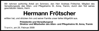 Traueranzeige von Hermann Frötscher von Dolomiten