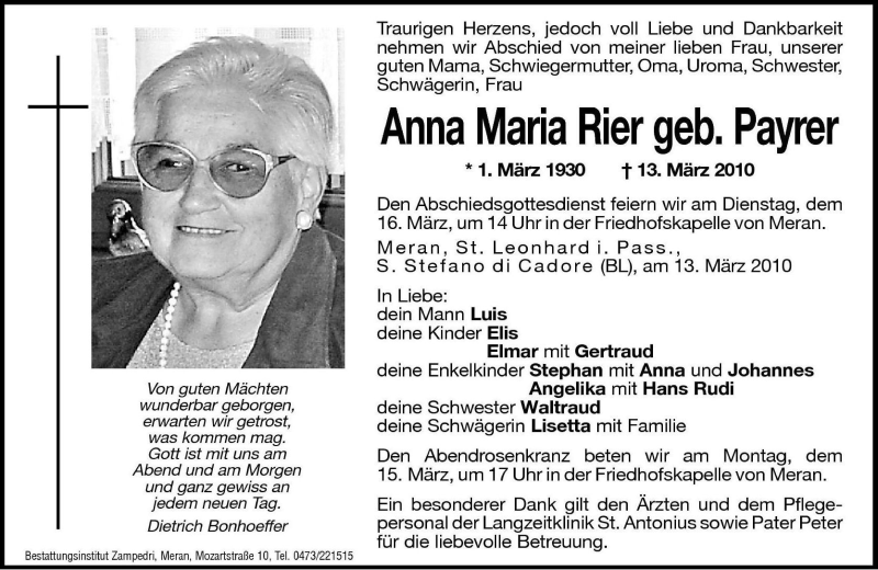  Traueranzeige für Anna Maria Rier vom 15.03.2010 aus Dolomiten