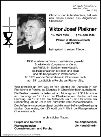 Traueranzeige von Viktor Josef Plaikner von Dolomiten
