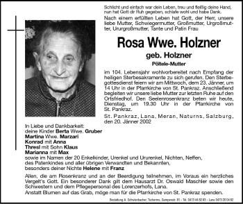 Traueranzeige von Rosa Holzner von Dolomiten