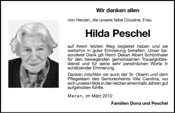 Traueranzeige von Hilda Peschel von Dolomiten
