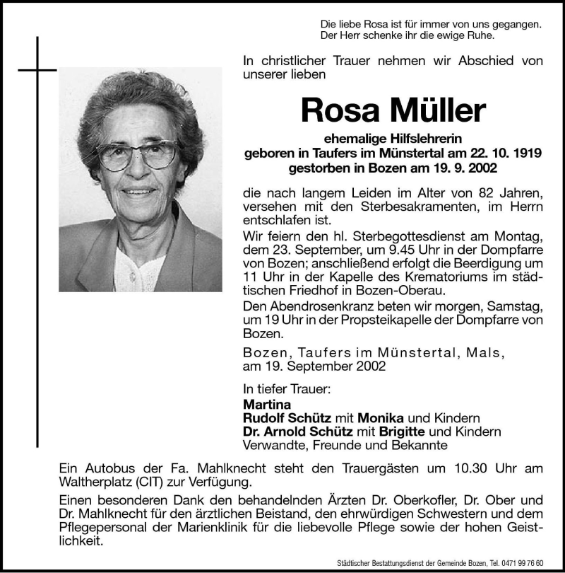  Traueranzeige für Rosa Müller vom 20.09.2002 aus Dolomiten