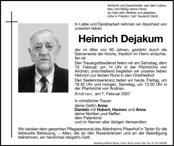 Traueranzeige von Heinrich Dejakum von Dolomiten