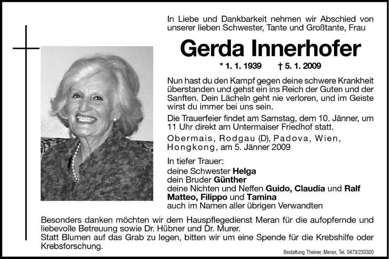  Traueranzeige für Gerda Innerhofer vom 08.01.2009 aus Dolomiten