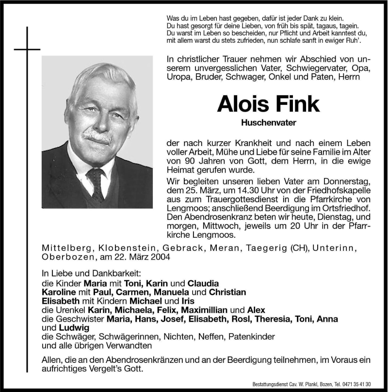  Traueranzeige für Alois Fink vom 23.03.2004 aus Dolomiten