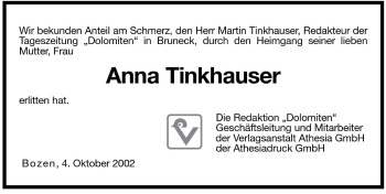 Traueranzeige von Anna Tinkhauser von Dolomiten