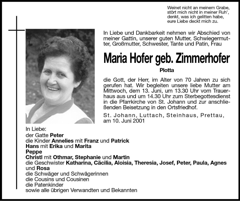  Traueranzeige für Maria Hofer vom 12.06.2001 aus Dolomiten